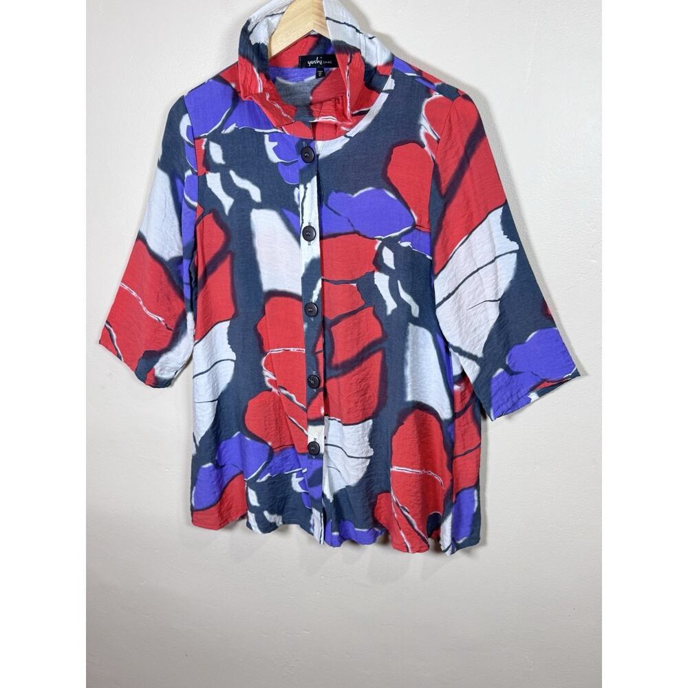 Yushi Womens Button Down Blouse S Multicolor Lagenlook Artsy Art To Wear Texture